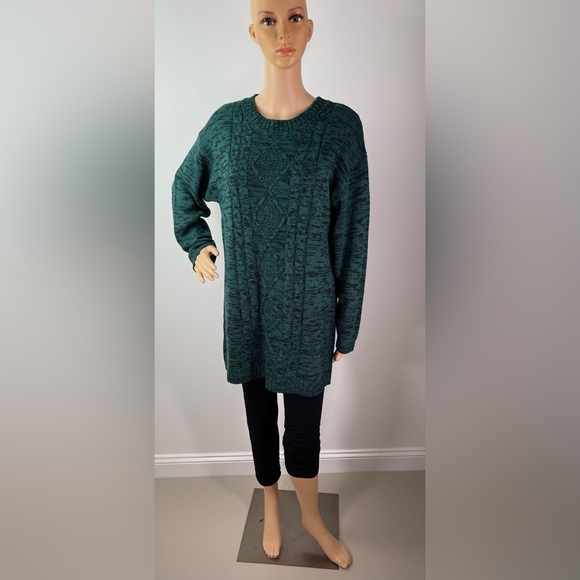 Green and Grey Marle Cable Knit Crewneck Sweater Dress - Picture 4 of 11